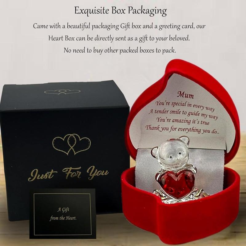 Glass Teddy Bear with Red Heart – Velvet Heart Gift Box for Mum
