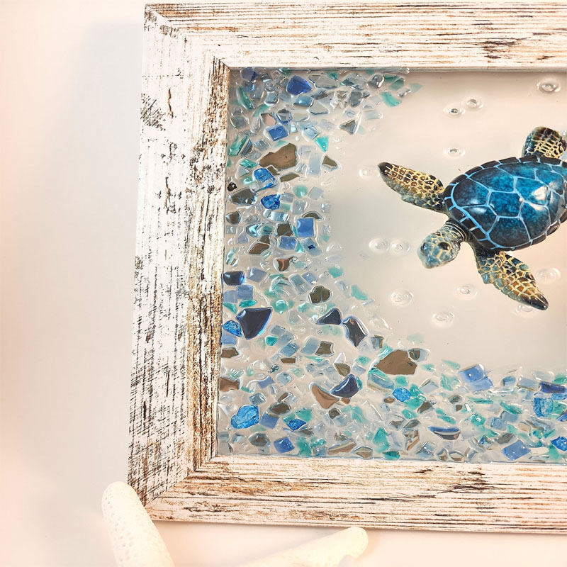Blue Sea Turtle & Crushed Glass Wave Decor