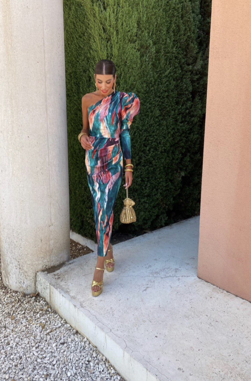 Purple Puff One Shoulder Midi Dress