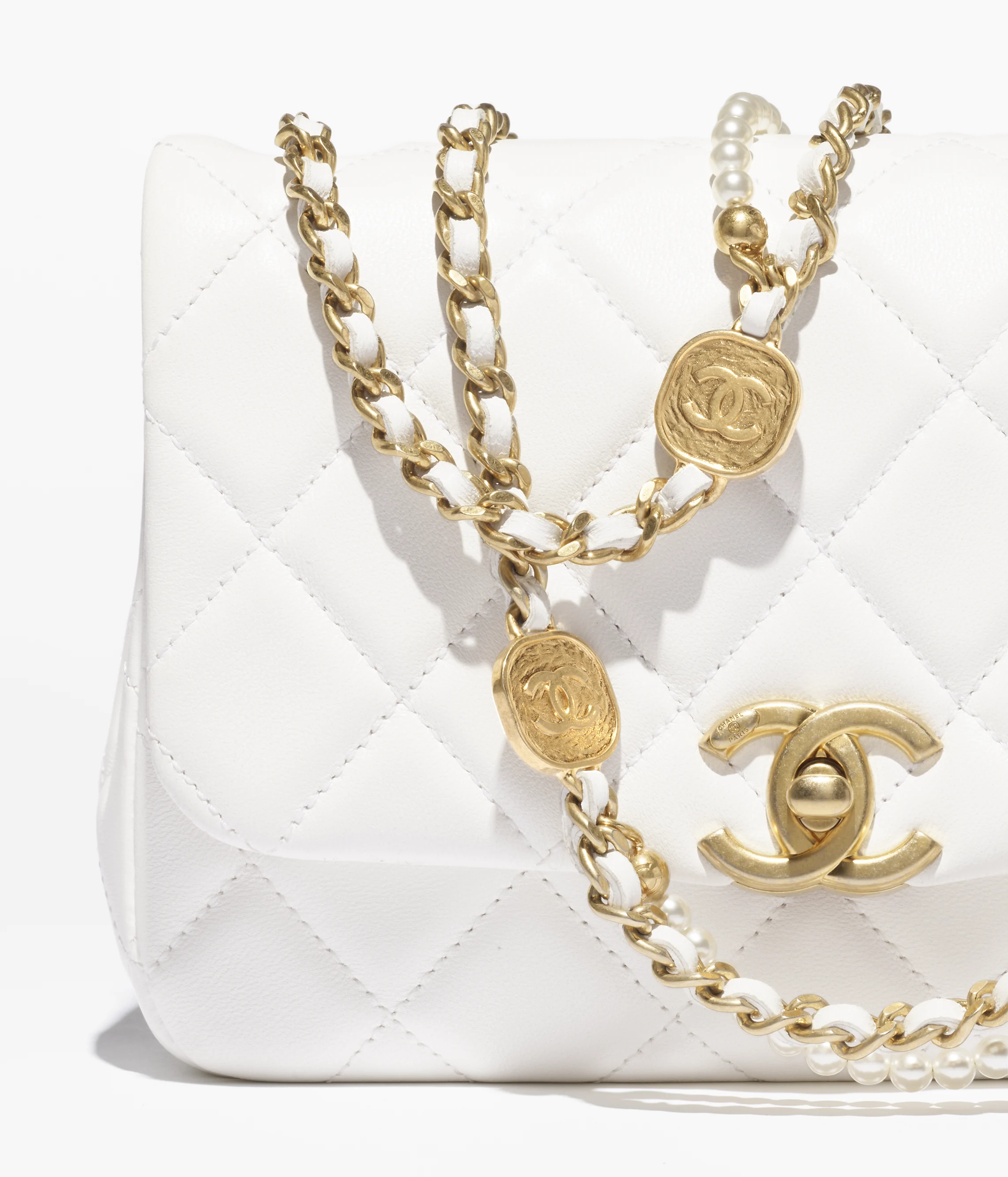 Chanel Mini Flap Bag Shiny Lambskin, Imitation Pearls & Gold-Tone Metal White AS5352-B19384-10601