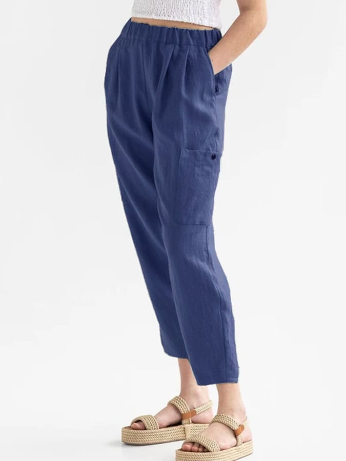 Women's Solid Color Elastic Waist Pocket Cotton Linen Casual Pants