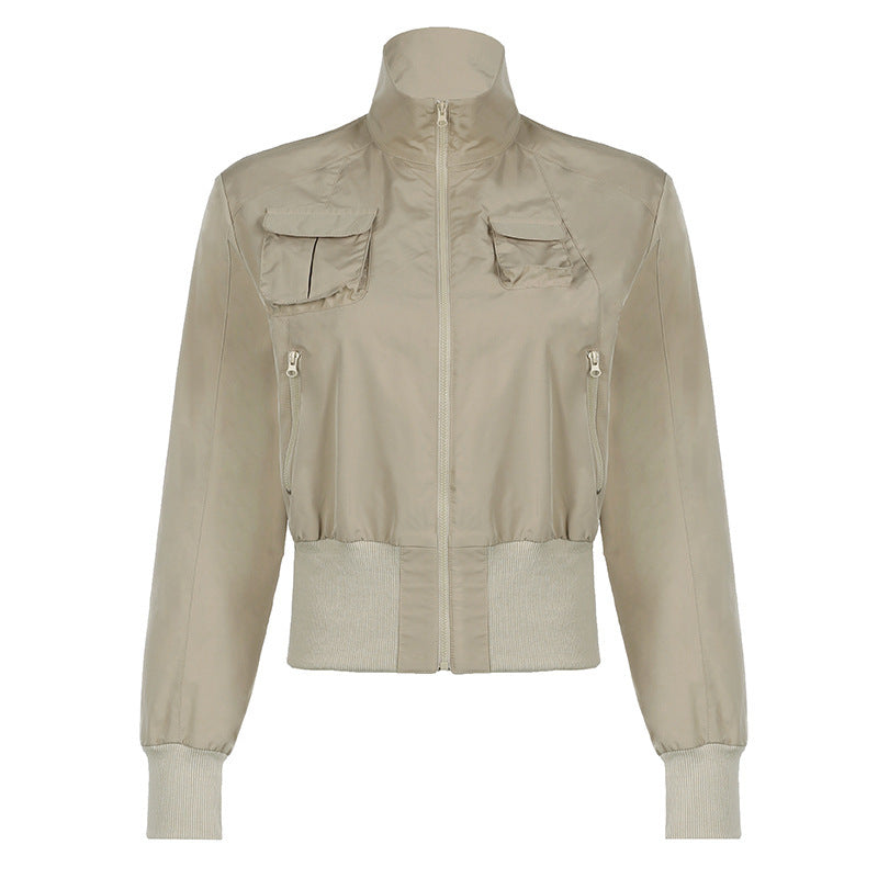 Woman's Heavy-Duty Fashion Jacket with Stand Collar and Zipper Pockets