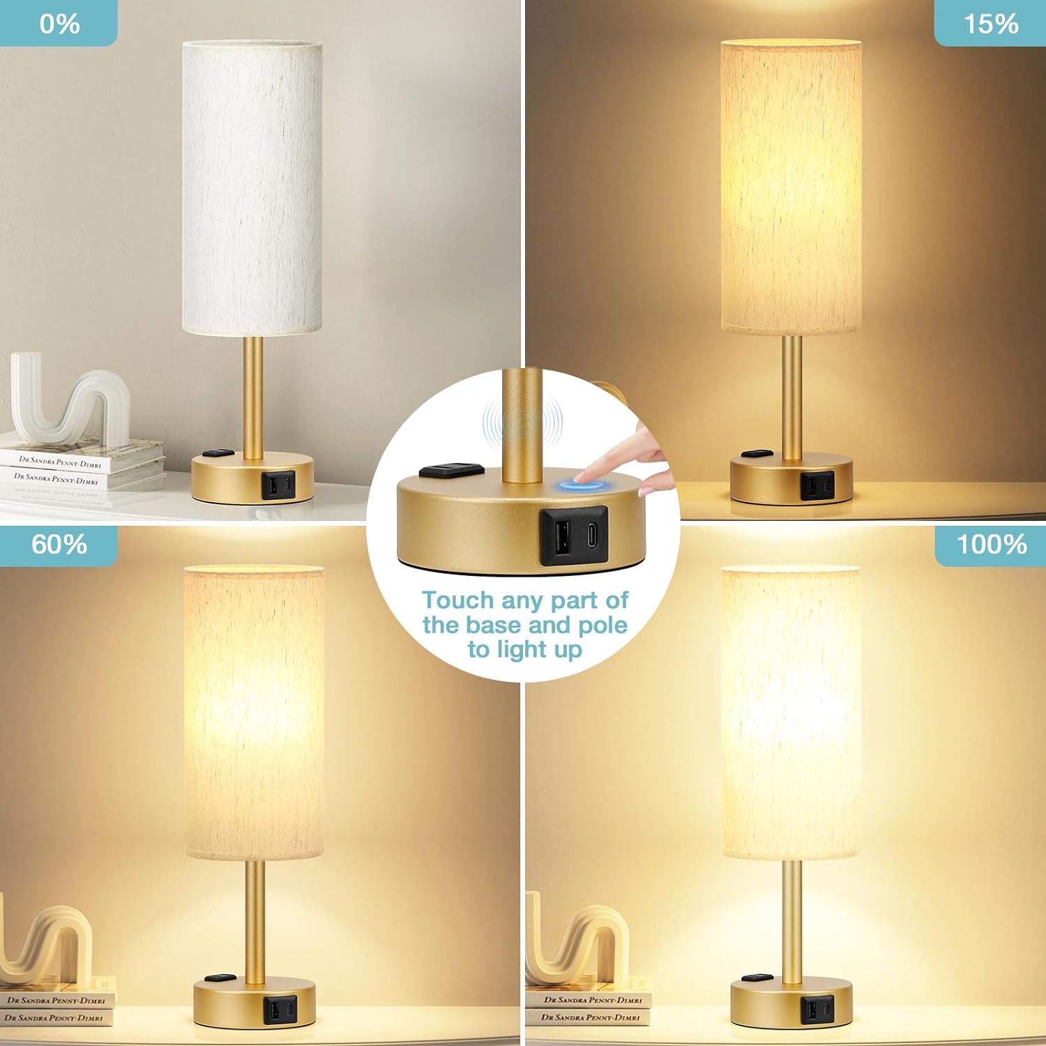 Bedside Table Lamp for Bedroom - 3 Way Dimmable Touch Lamp USB C Charging Ports and AC Outlet, Small Lamp Wood Base Round Flaxen Fabric Shade for Living Room, Desk, LED Bulb Included