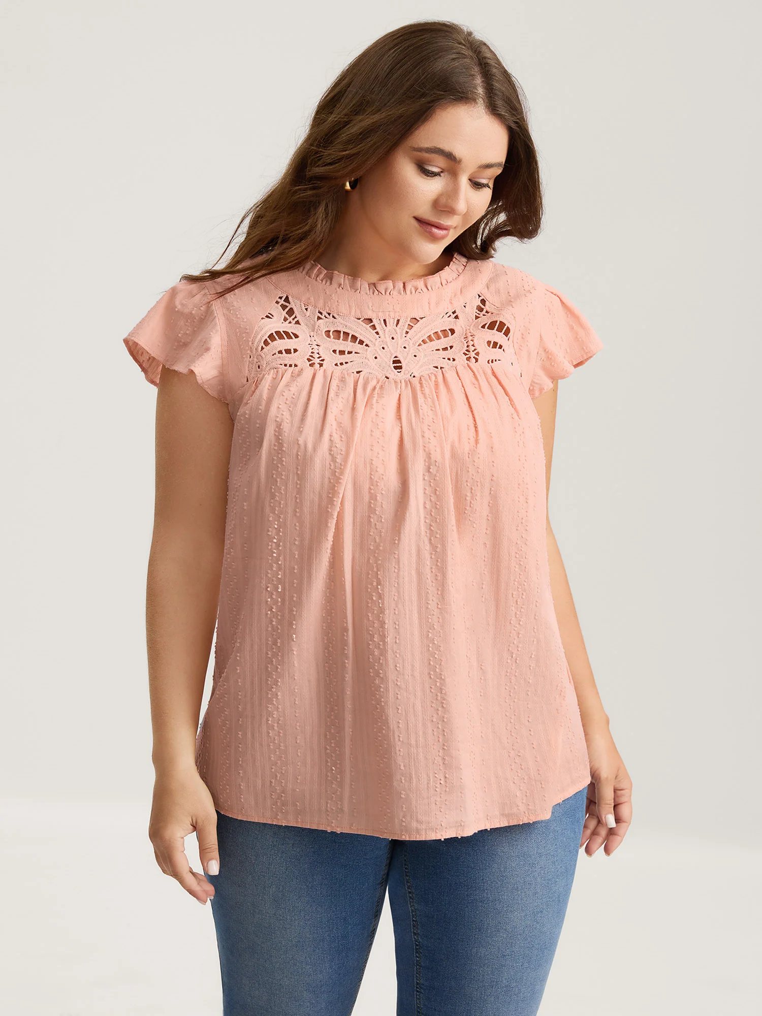 Cotton Cut-Out Lace Ruffled Neck Blouse