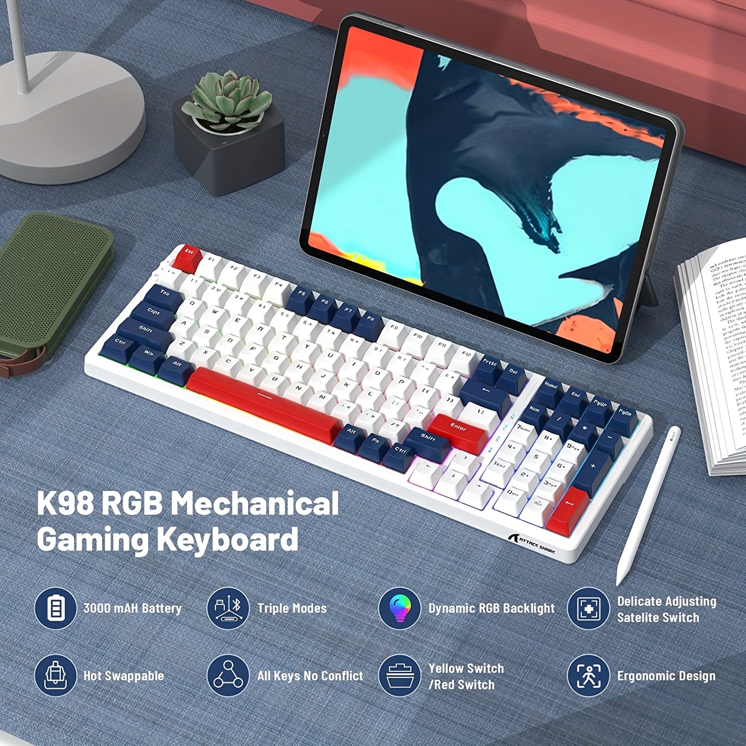 Yacht Blue K98 96% Wireless Mechanical Keyboard - Tri-Mode BT5.0/2.4G/USB-C 100 Keys, Hot-Swappable RGB & Coiled Cable for MAC, Windows & Android