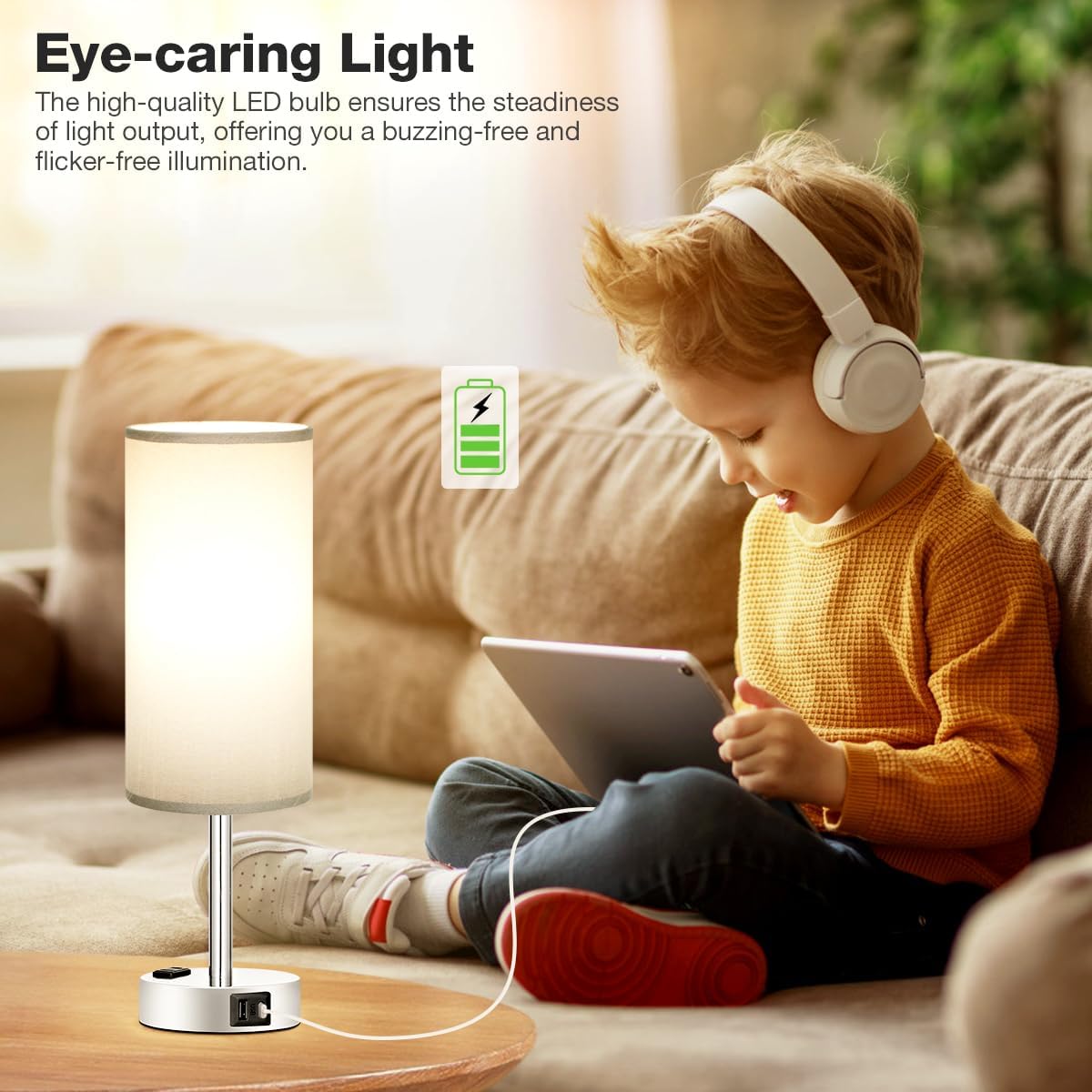 Bedside Table Lamp for Bedroom - 3 Way Dimmable Touch Lamp USB C Charging Ports and AC Outlet, Small Lamp Wood Base Round Flaxen Fabric Shade for Living Room, Desk, LED Bulb Included