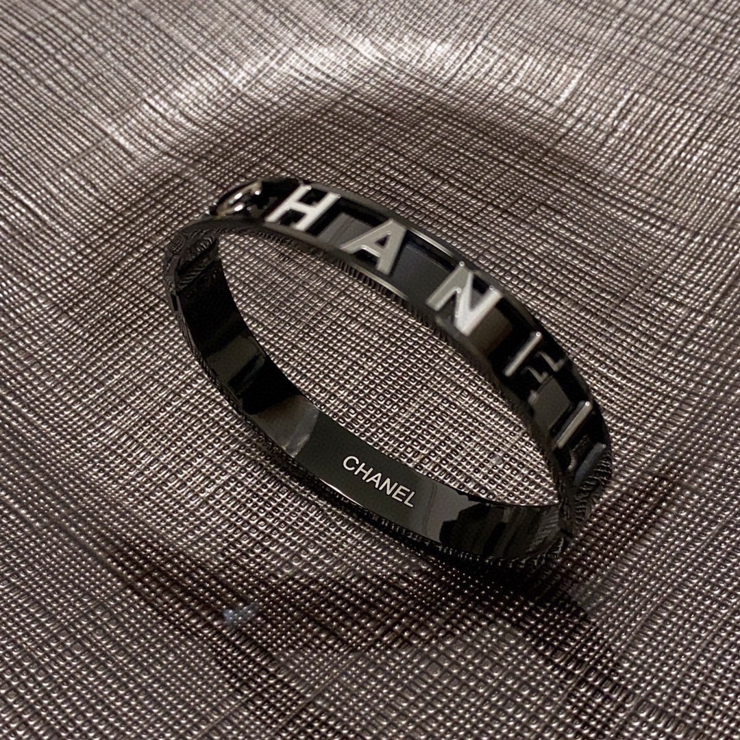 Chanel engraved letter charcoal black bracelet