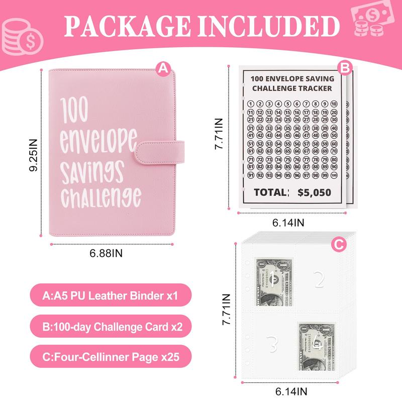 100 Envelope Challenge Binder Set-- A5 Money Saver Budget Binder Book with Cash Envelopes and SAVING CHALLENGE TRACKER