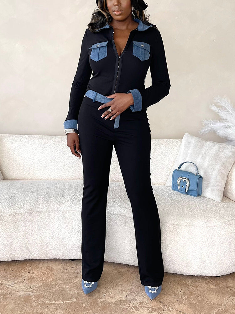 Denim Contrast Hook Top & Pants Set