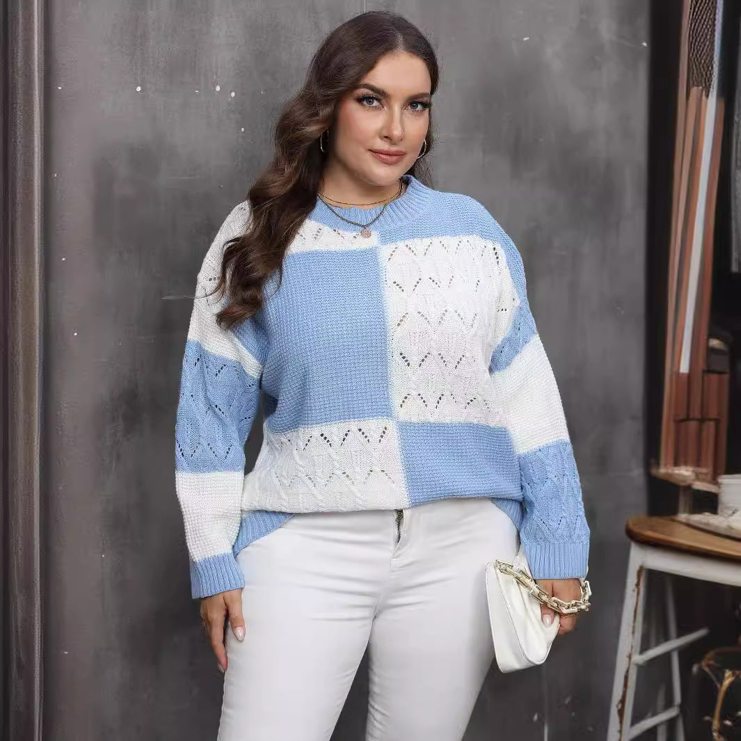 Plus Size Women Autumn Winter Ladies Top Pullover Shirt Color Contrast Patchwork Plaid Sweater