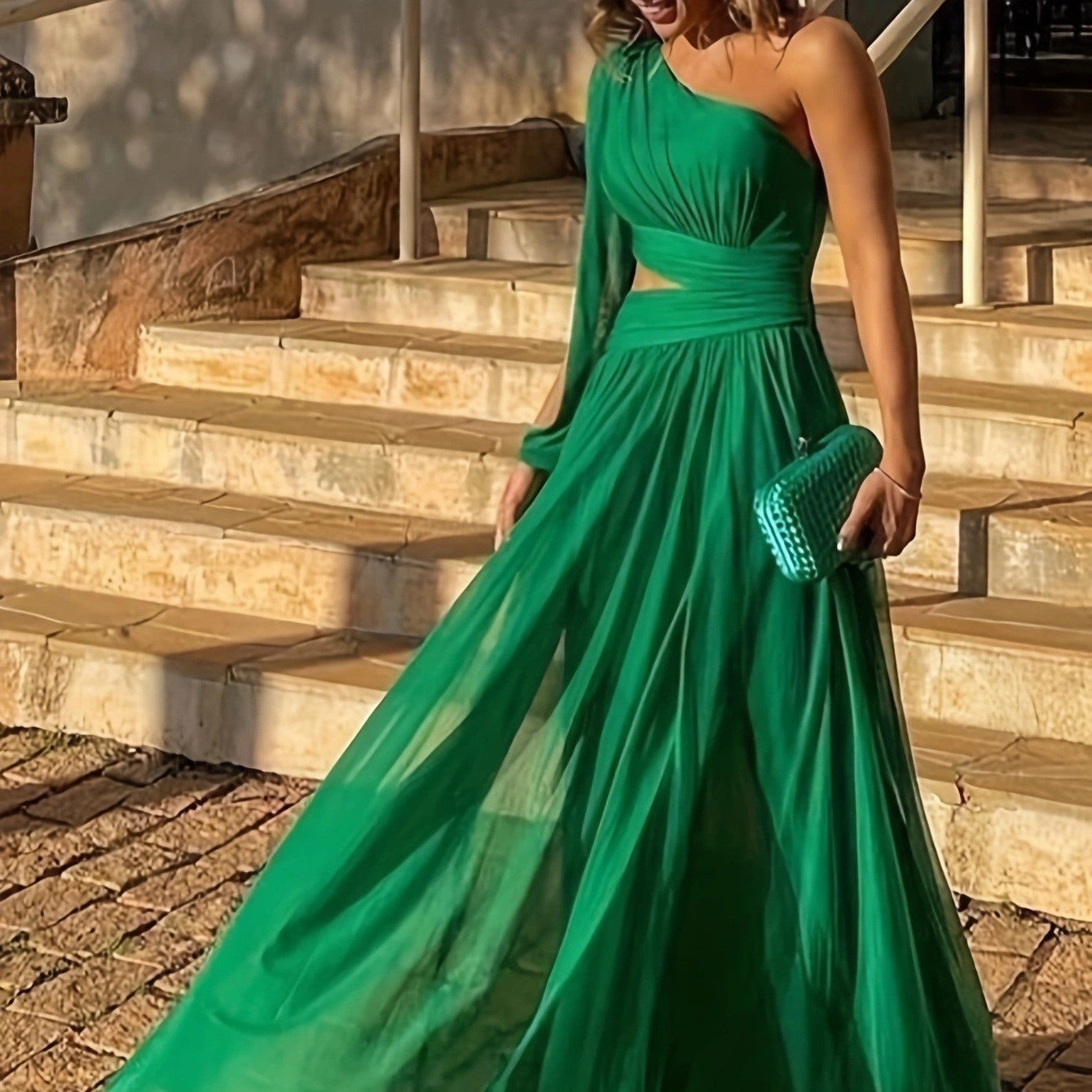 Elegant Solid Color One-Shoulder Midriff Dress for Spring and Summer – Slim Fit Long Dress