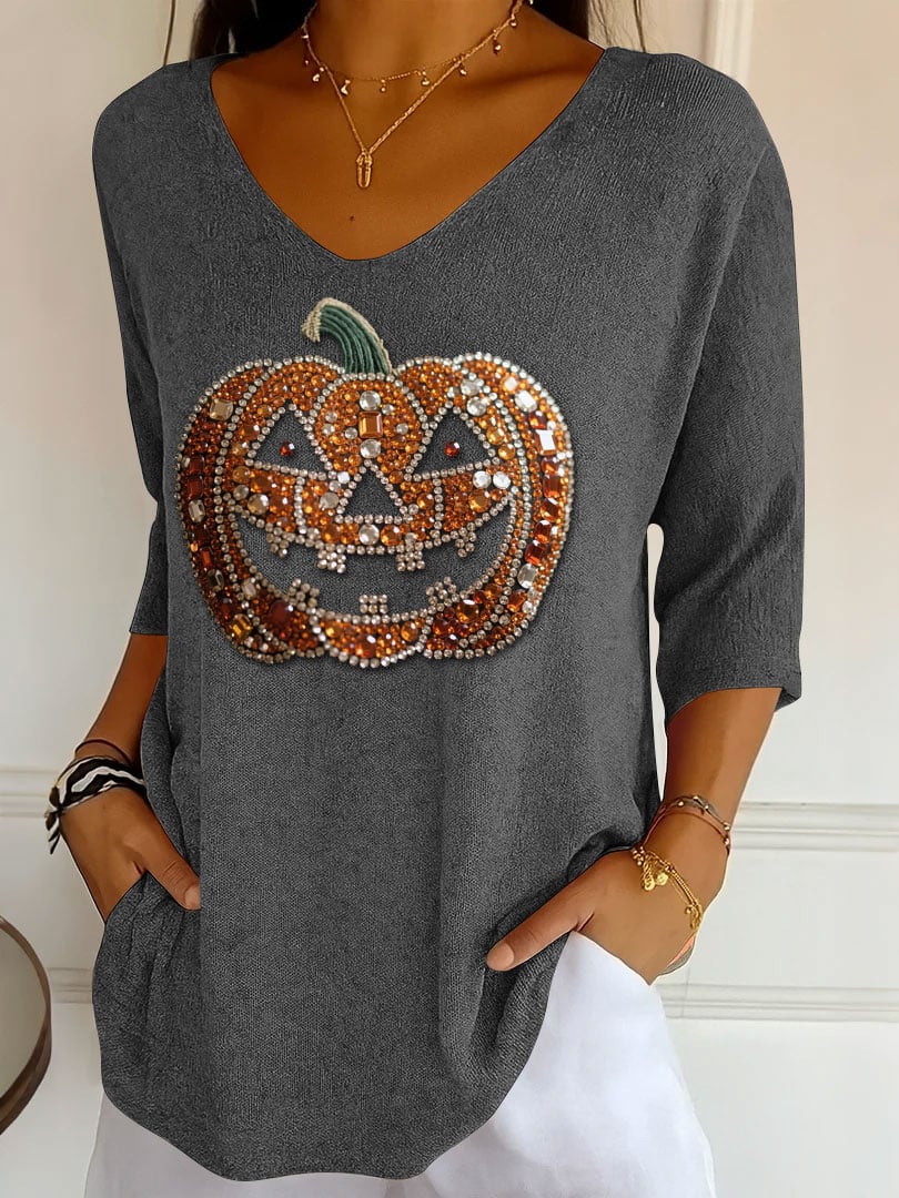 🔥Buy 3 Get 10% Off🔥Women's Diamond Pumpkin Head Print V-Neck T-Shirt