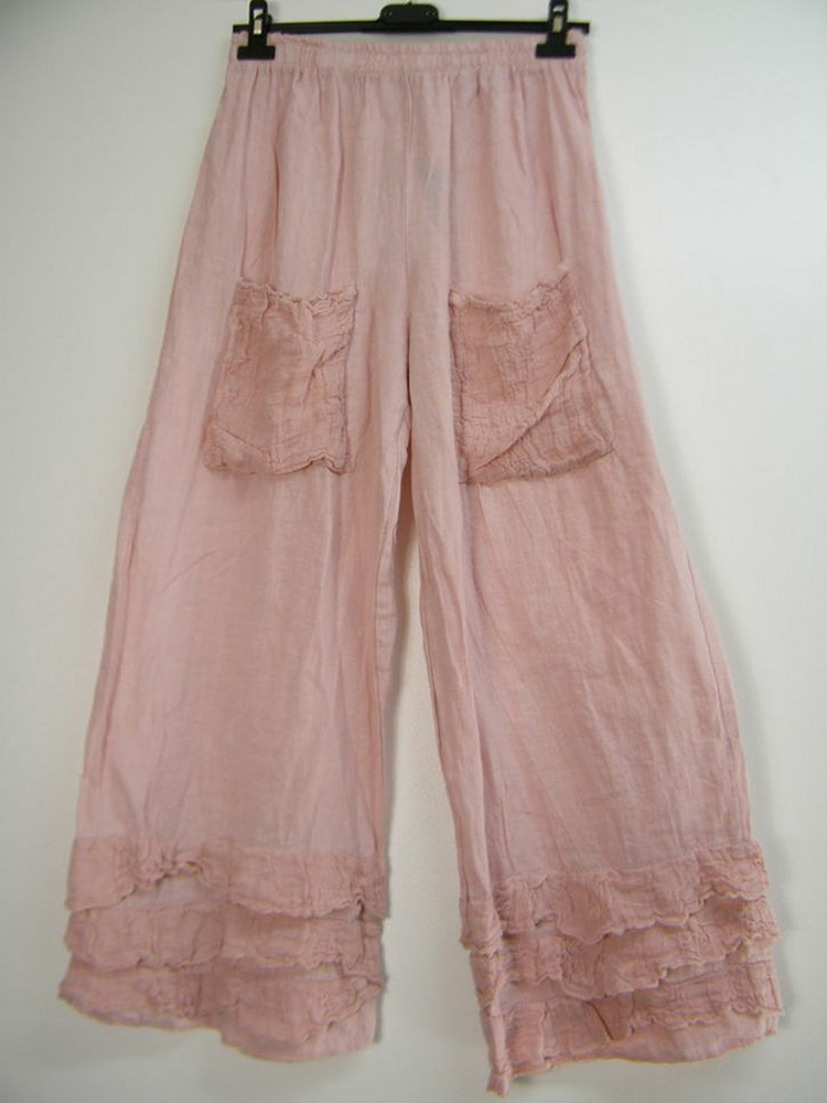 Solid Ruffle Hem Pocket Cotton Linen Pants