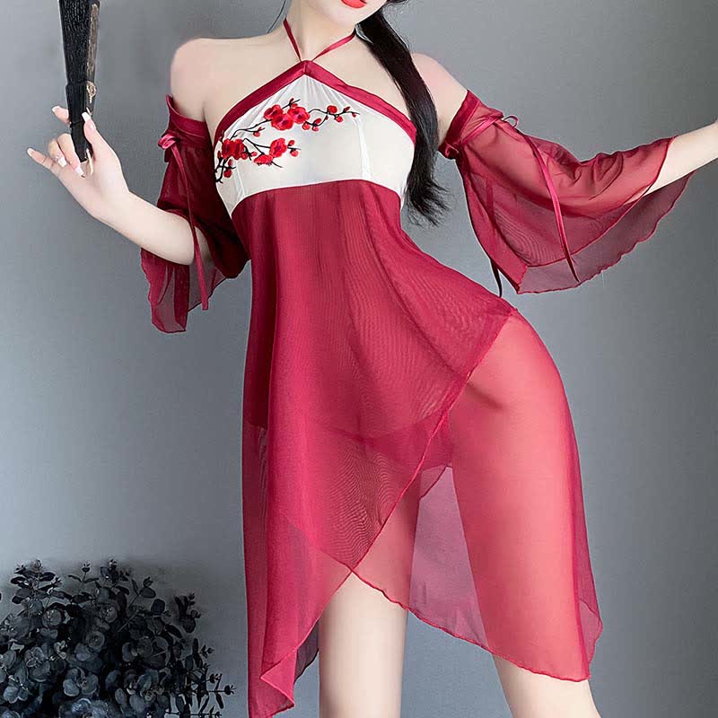 Blossom Embroidery See Through Halter Cheongsam Dress Lingerie