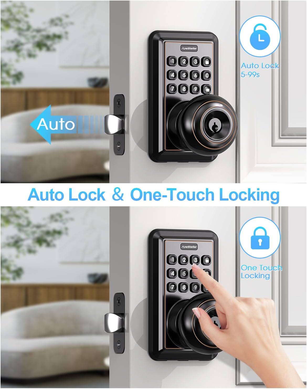 Door Knob with Keypad, Door Lock with Code, Keyless Door Knob, Auto Lock,50 User Code,Waterproof, Easy to Install and Program for Bedroom Garage Office Gate - Oil Rubbed Bronze -ApeStellar