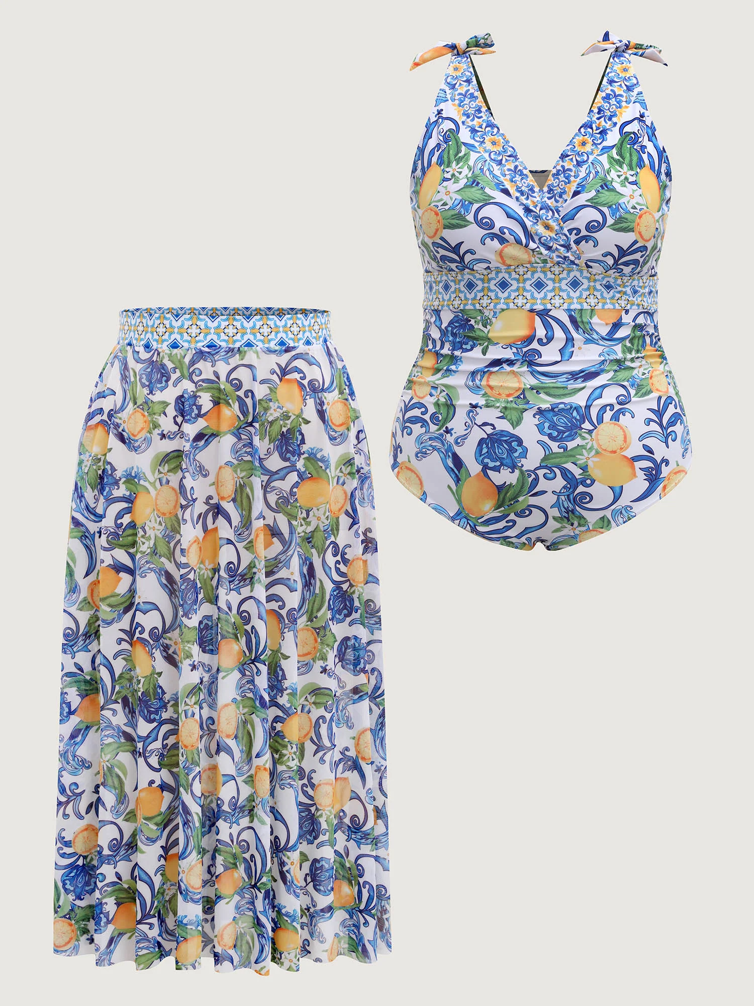 Two-Piece Citrus Print Sarong Swimsuit