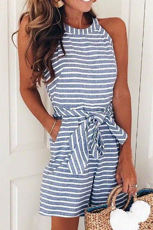 Heididress Crewneck Sleeveless Bow-knot Striped Romper