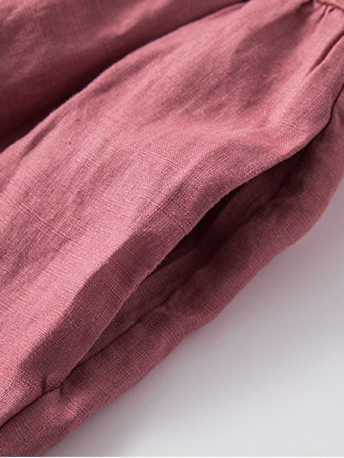 Women's Solid Color Short-Sleeved Shirt Collar Artistic Retro Cotton And Linen Casual Dress