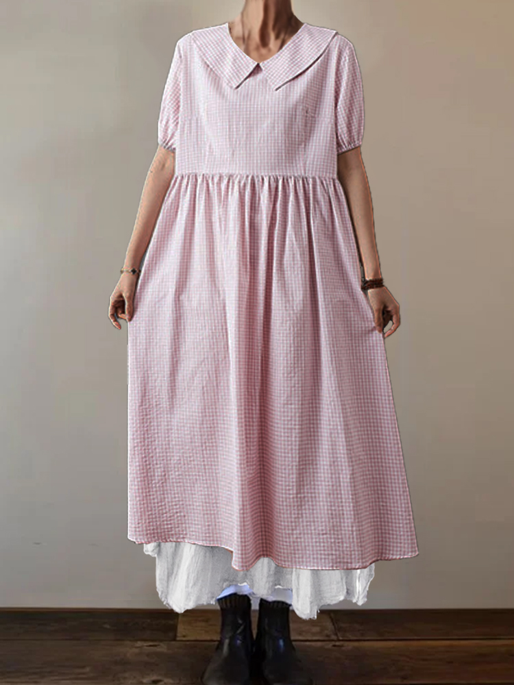 Vintage Check Tied Pleated Maxi Dress