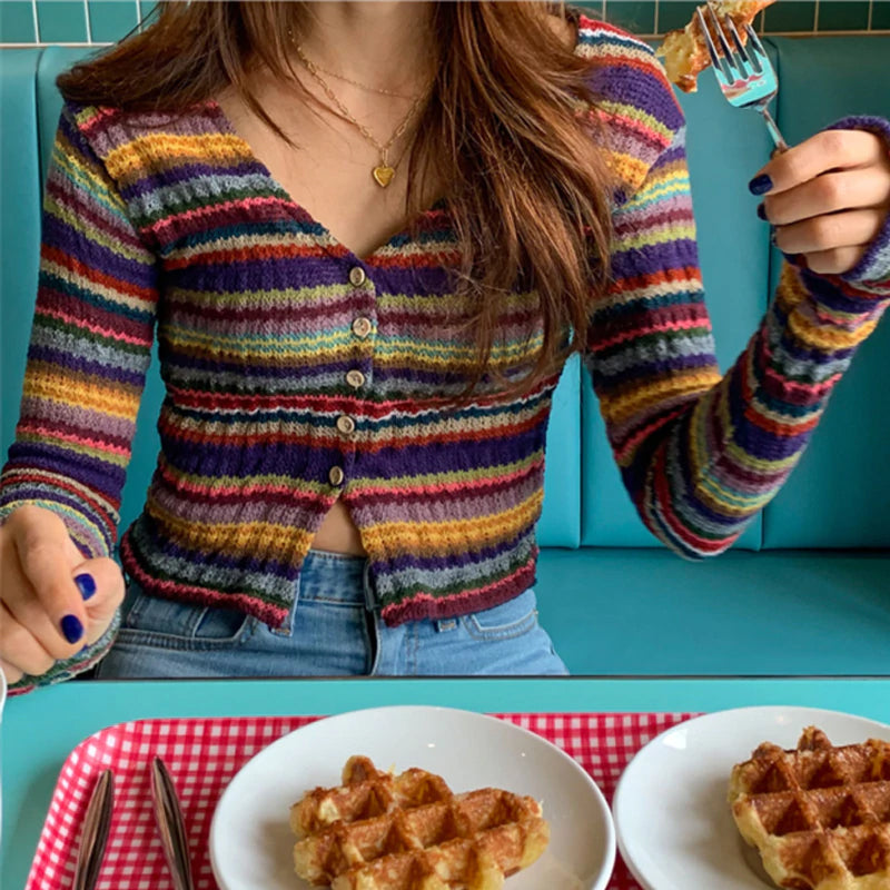 V-Neck Striped Slim Knitted Cardigan