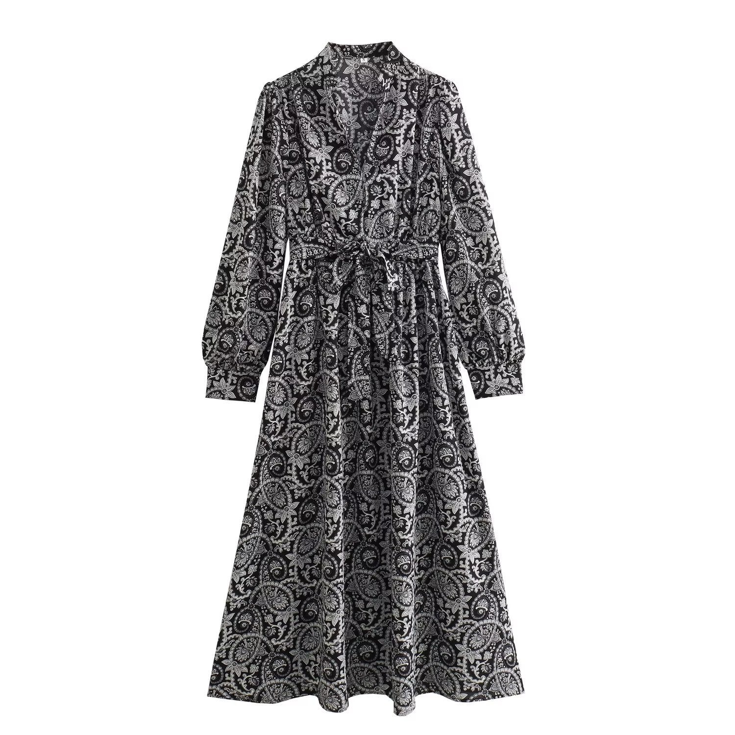 Women's French-Style Floral Print Dress, Waist-Controlled and Slimming with Long Sleeves