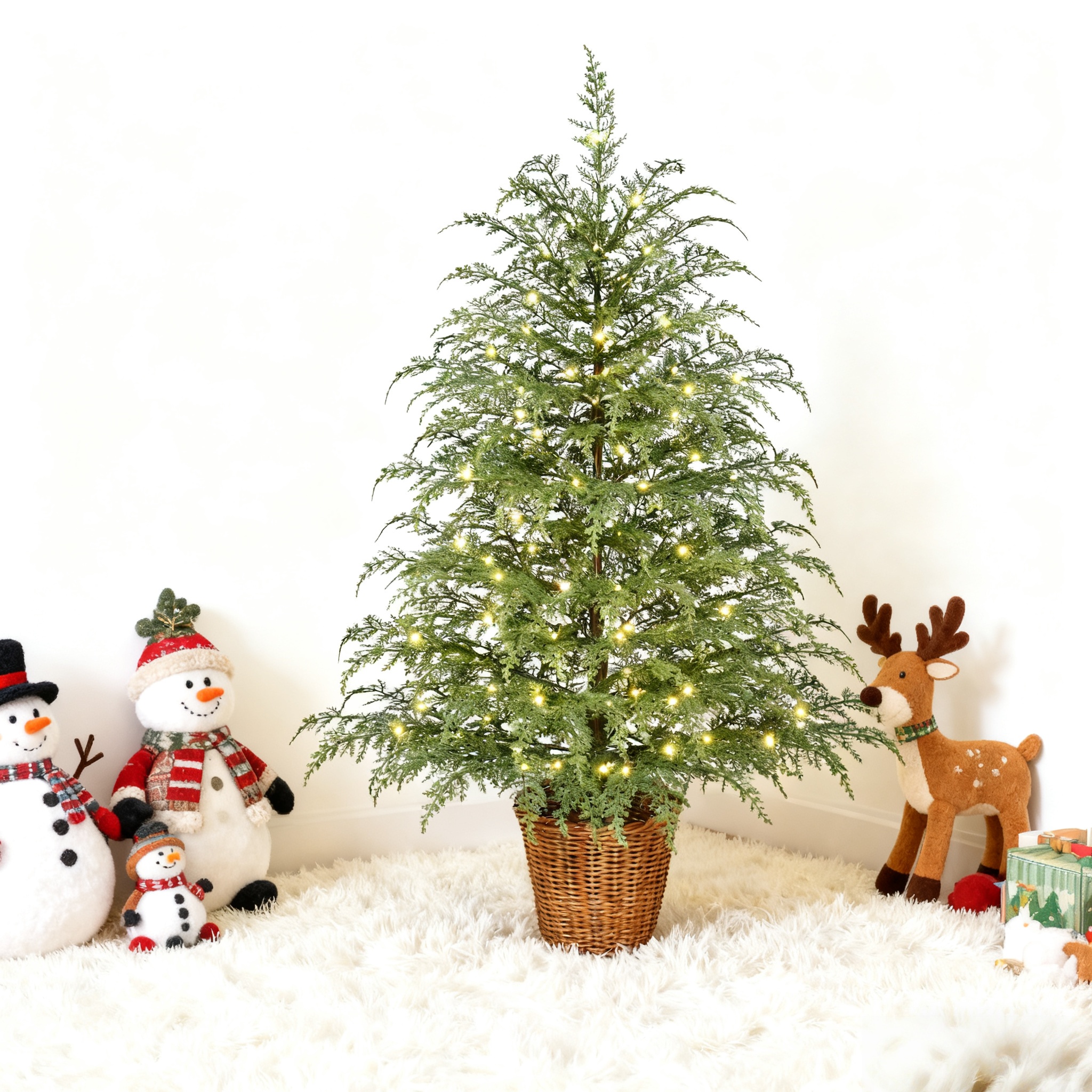 🎄Early Christmas Sale🔥Pre-Lit Green Cypress Artificial Christmas Potted Tree with White Twinkle LED Lights