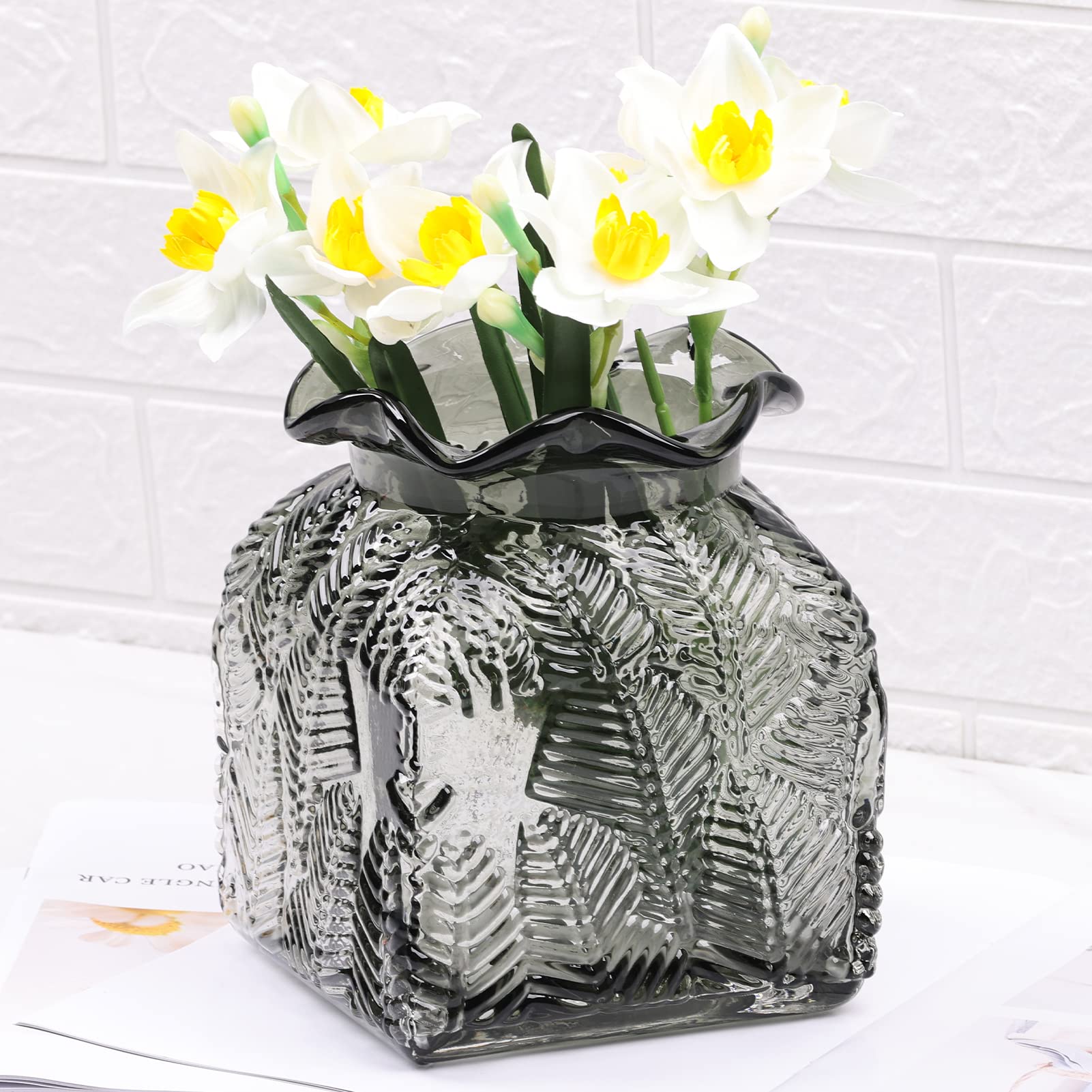 Gray Glass Flower Vase, Crystal Money Bag Vase for Modern Fashion Flower Home Decoration