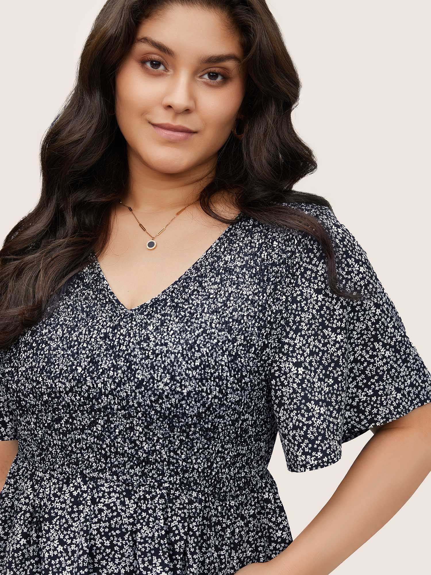 Ditsy Floral Shirred Ruffle Sleeve Elastic Waist Blouse