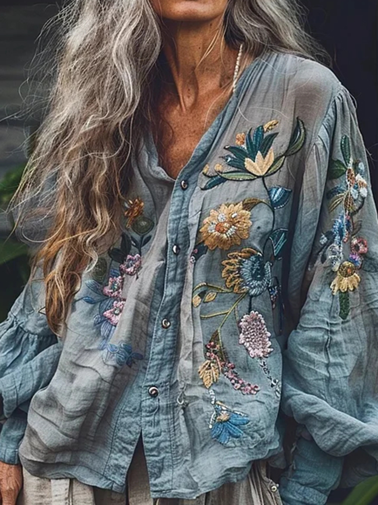 Vintage Bohemian Style Linen Floral Art Print  Long Sleeve Shirt