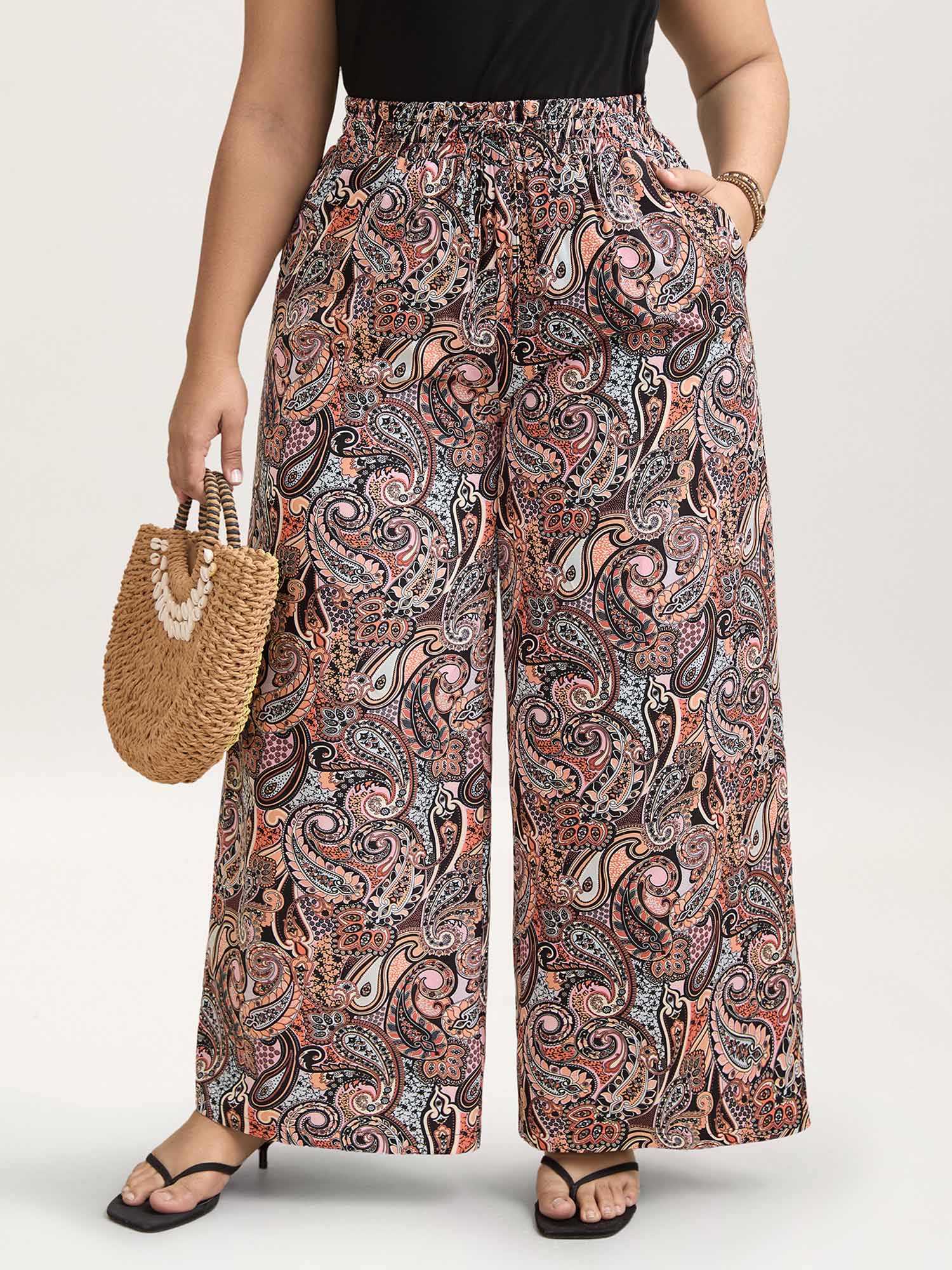 Paisley Print Drawstring Wide-Leg Pants
