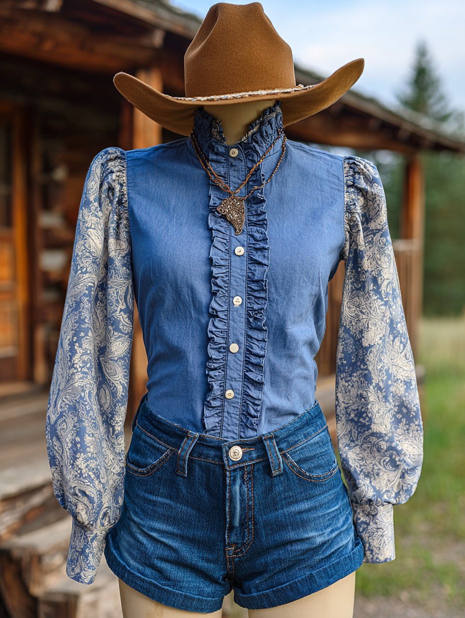 Women's Vintage Paisley Floral Print Western Agaric Lace Long Sleeve Shirt