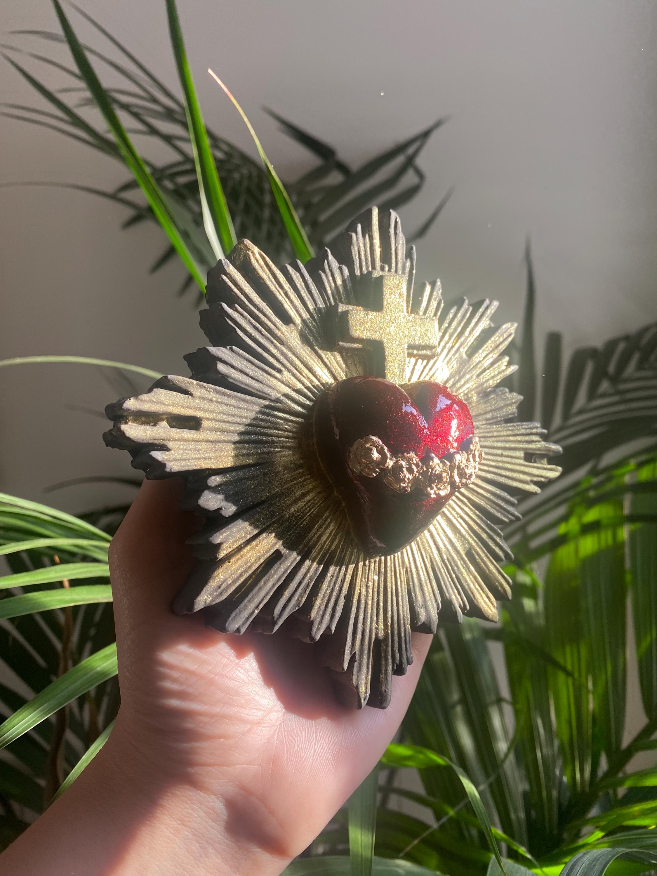 Sacred Heart Wall Decor, Milagro Heart, Flaming Heart & Cross, Handmade.