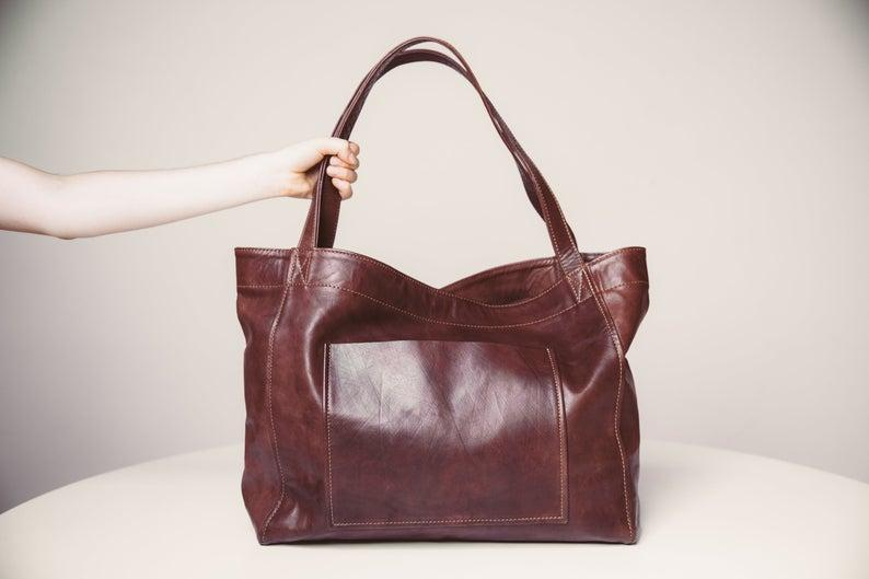 Women's Large Soft Leather Tote Bag With Pocket