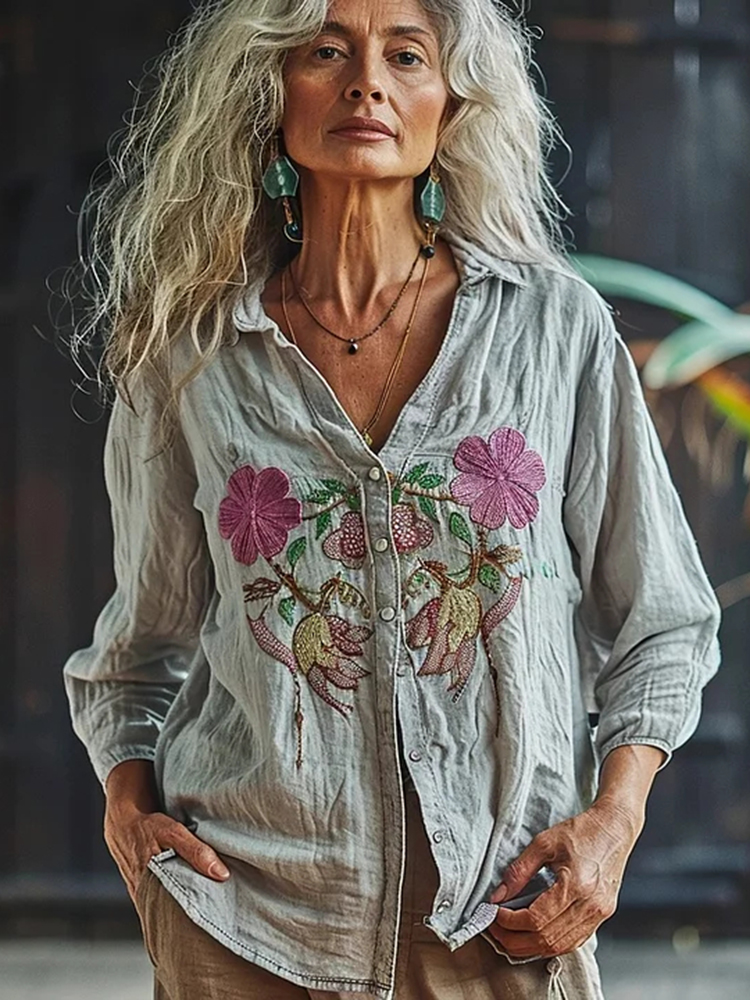 Bohemian Linen Floral Art Print  Long Sleeve Shirt