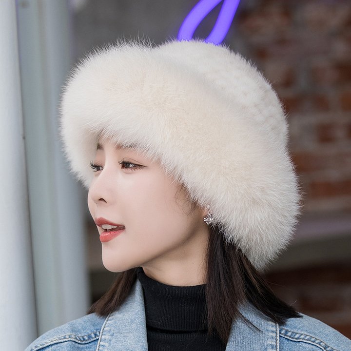 Fashion sweet and cute mink fox fur braided real hair warm thick fisherman hat basin hat