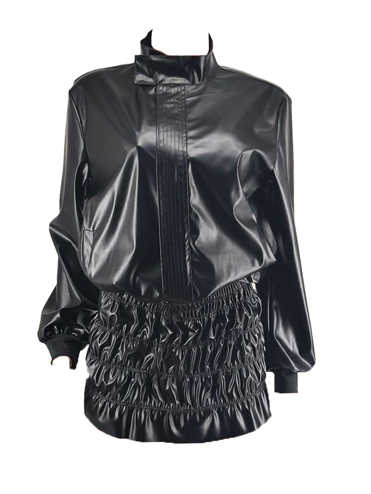 Leather Jacket & Ruched Skirt Set