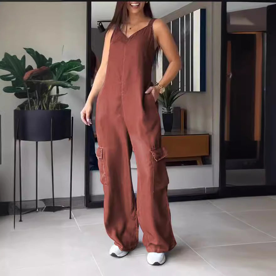 European and American Style V-Neck Jumpsuit with Thin Jeans Fabric and Pockets