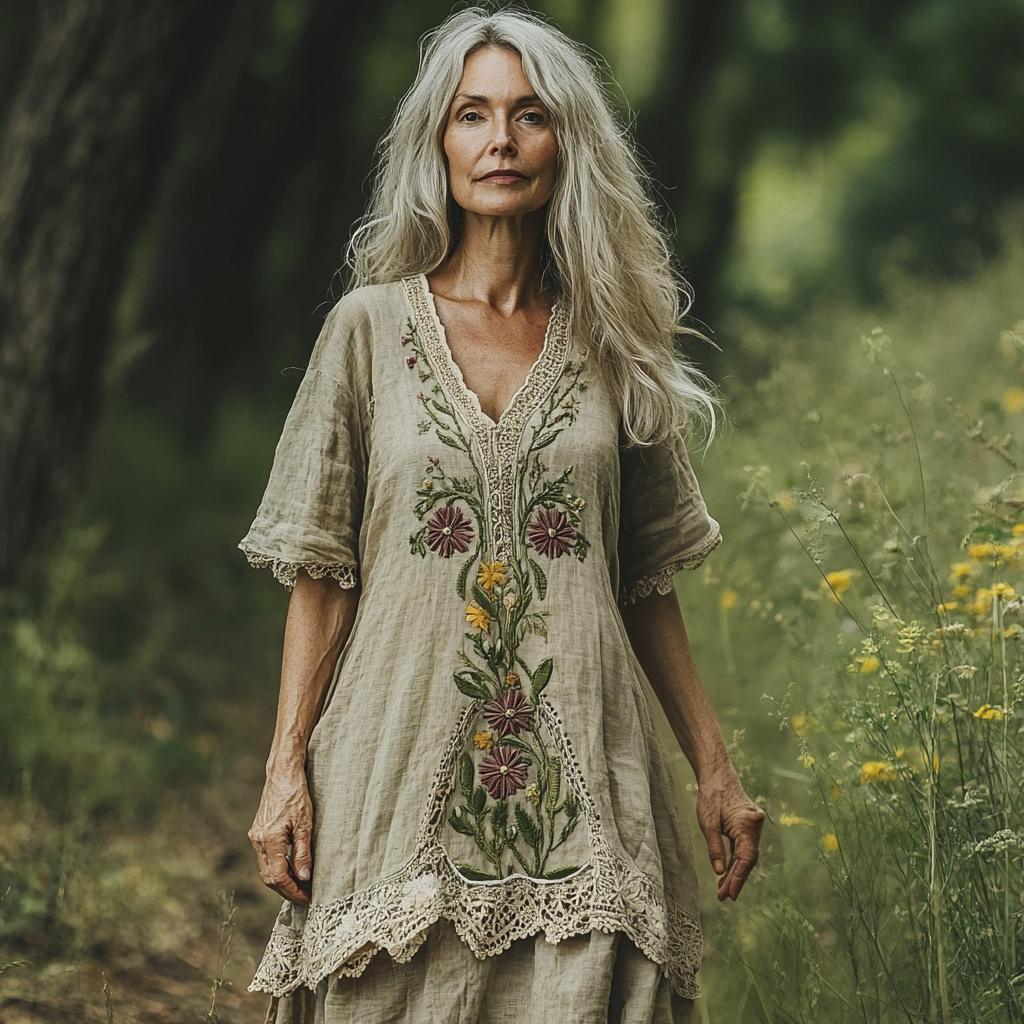 Vintage Floral Lace Patchwork Embroidery Women's Linen V-neck Maxi Dress