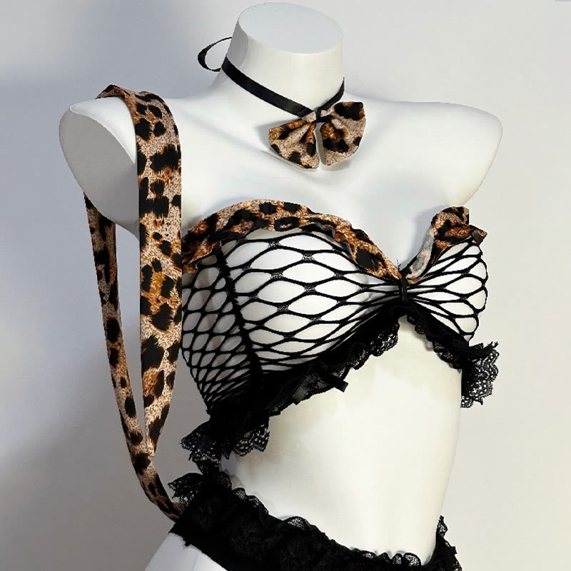 Hollow Out See-through Leopard Print Bikini Lingerie Set