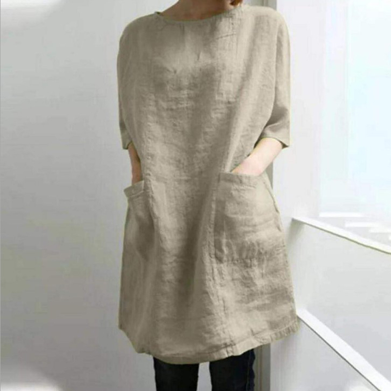 Vintage Plain Round Neck Pocket Short Sleeve Mini Dress