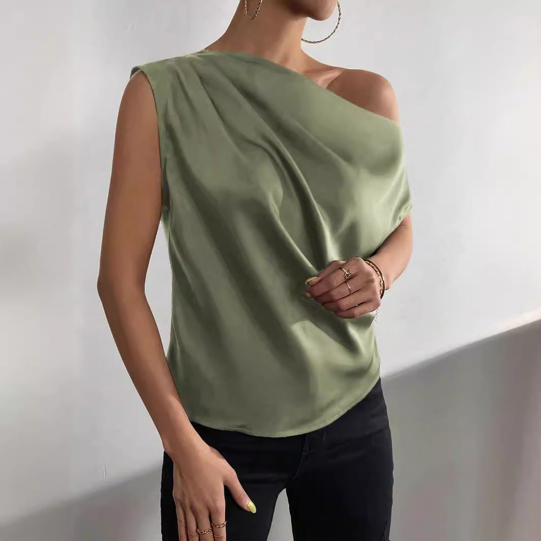 Asymmetric Vest with Diagonal Collar and Pinch Pleated Design for Women