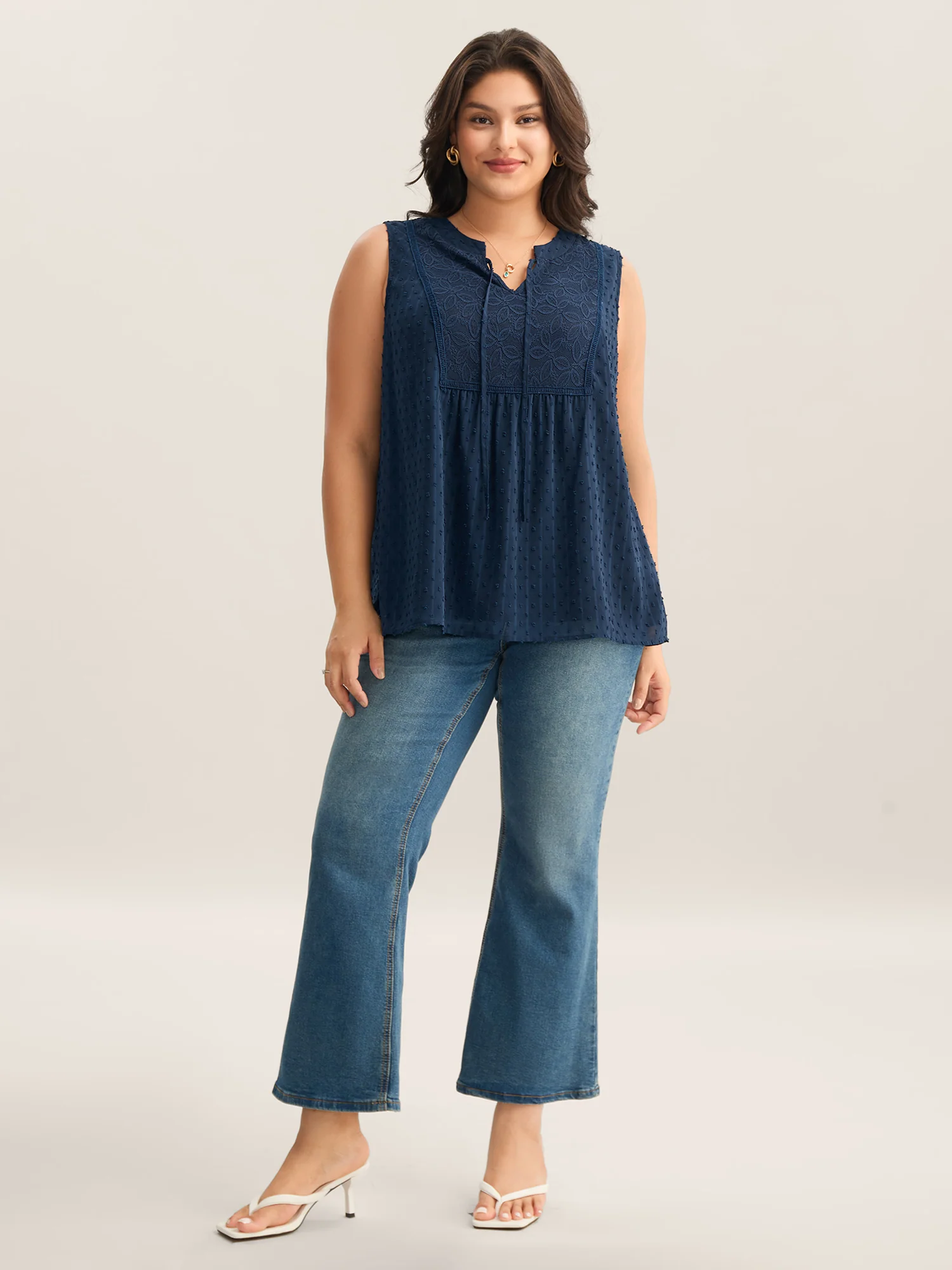 Textured Lace Detail Neck Tie Sleeveless Top