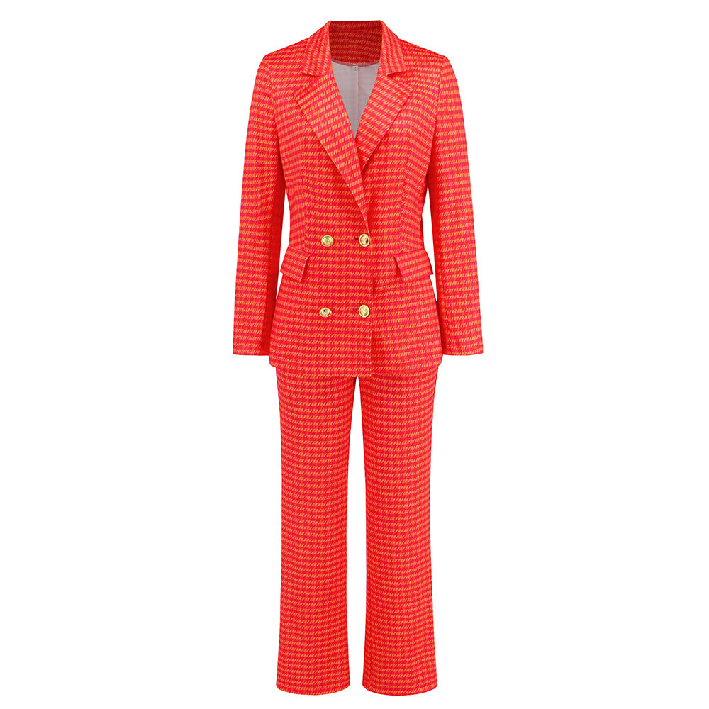 Houndstooth Double-Breasted Blazer and Slim-Fit Straight Trousers Suit for Women