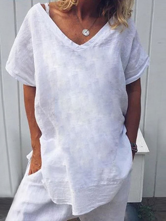 Solid Color Cotton And Linen T-Shirt