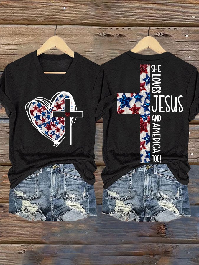 Women's She Jesus And Love America Too!  Print V-Neck T-Shirt
