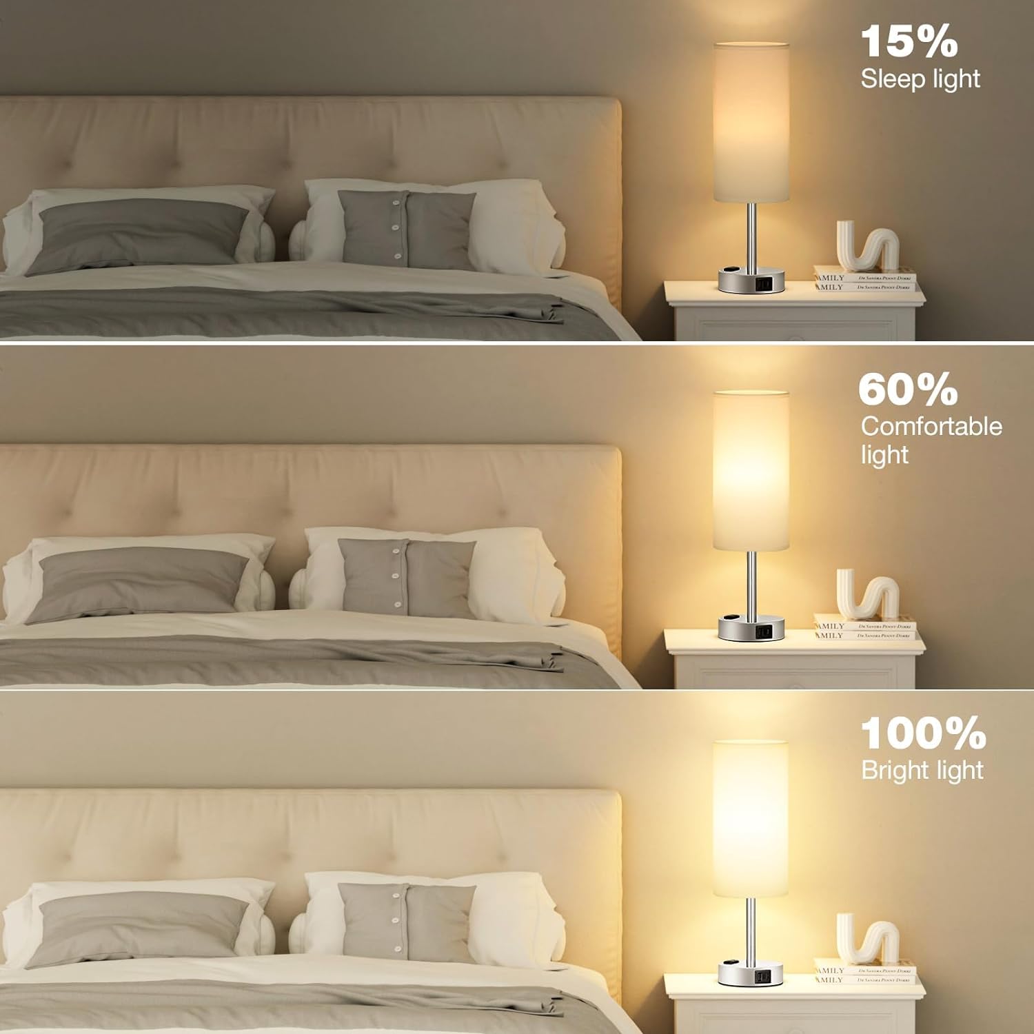 Bedside Table Lamp for Bedroom - 3 Way Dimmable Touch Lamp USB C Charging Ports and AC Outlet, Small Lamp Wood Base Round Flaxen Fabric Shade for Living Room, Desk, LED Bulb Included