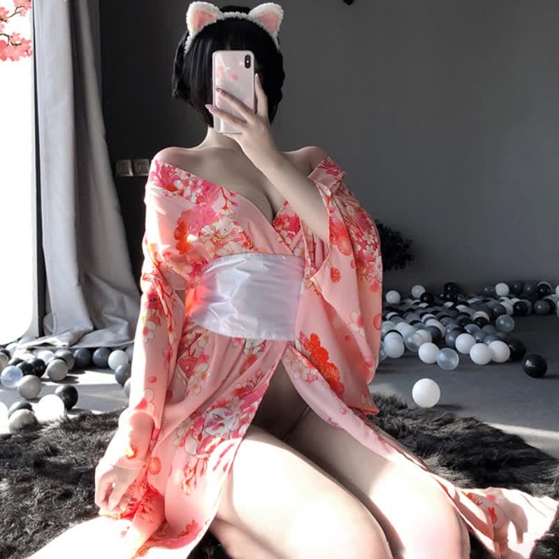 Sakura Cat Print Japanese Kimono Lingerie Dress