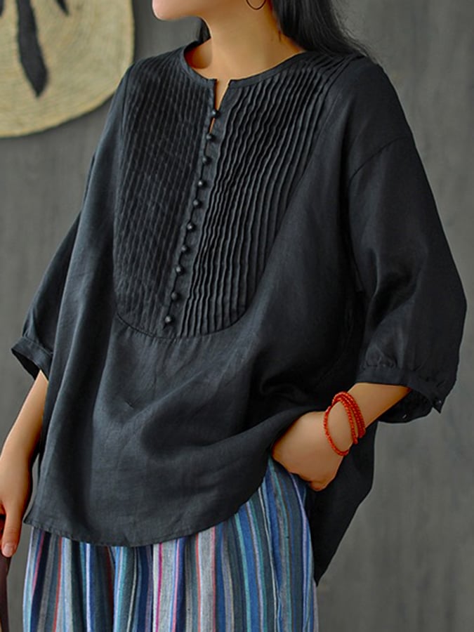 Women's Pleated Round Neck Casual Cotton And Linen Shirt