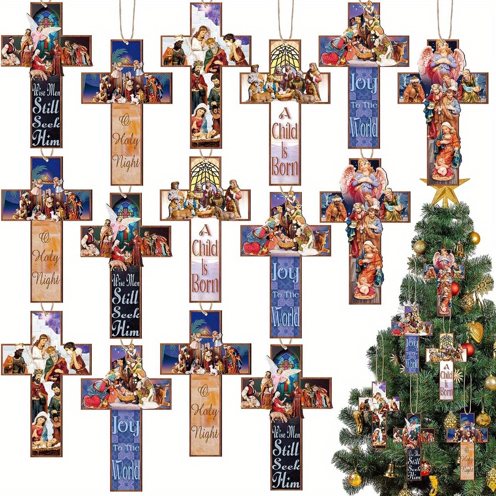 🔥ON SALE🔥Holy Night Nativity Hanging Wooden Cross Ornaments