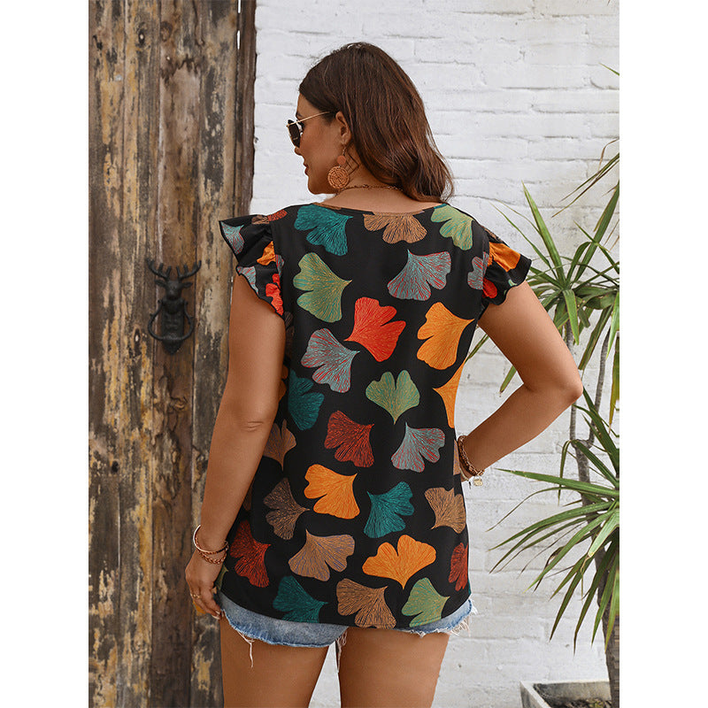 Plus Size Summer Women Fashionable V neck Lotus Sleeve Shirt Independent Stand Slimming Printed Casual Shirt